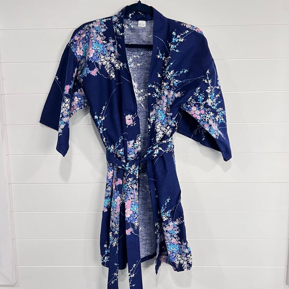 Vintage Blue Floral Blossoms Kimono Women's Cotton Robe Size Medium Large Japan
